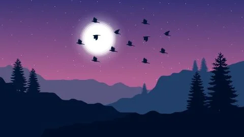 Sunset in Violet Gradient Landscape Stock Illustration