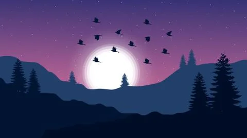 Sunset in Violet Gradient Landscape Stock Illustration