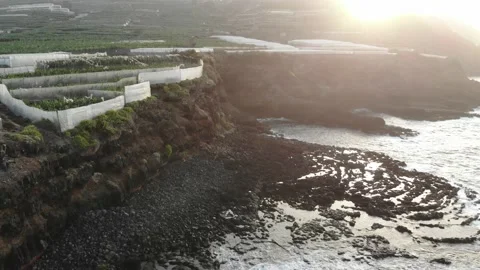 Sunset in volcanic lava formation with waves on wild beach and field of banana t 스톡 동영상 136246929