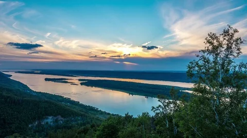 Sunset on the Volga river. View from mount Strelnaya (Timelapse). Stock Footage 73127194