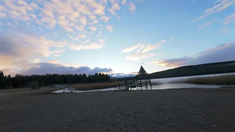 Sunset Walk on Lake Pier at Laguna La Zeta Argentina Stock Footage 337934183
