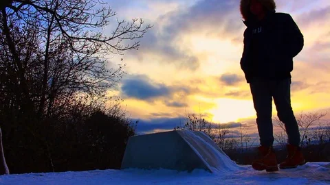 Sunset Walk in Snow Stock Footage