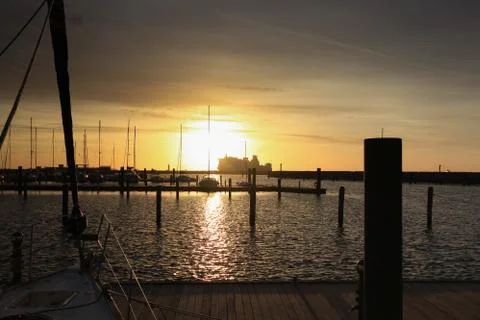 Sunset at warnemünde harbor Stock Photos