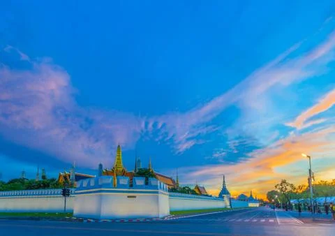 Sunset at Wat Pha Kaew temple of emerald Buddha and Grand Palace. Stock Photos