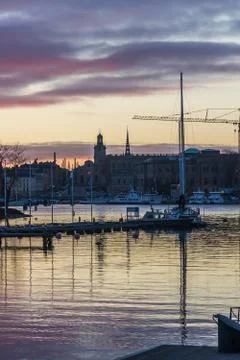 Sunset Water Reflection Dock Port Stockholm Sweden Flags Church Colored Lands Stock Photos