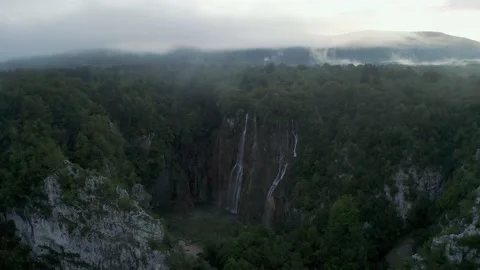 Sunset Waterfall and Lake in Plitvice, National Park, paradise in Croatia 4K Stock Footage 154734876