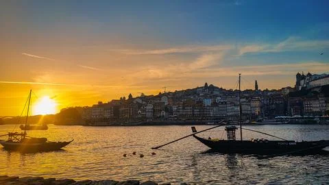Sunset on the waterfront of the second largest city in Portugal after Lisbon. Stock Photos