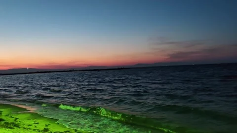 Sunset waves with green light reflection on the shore Stock Footage 319489741