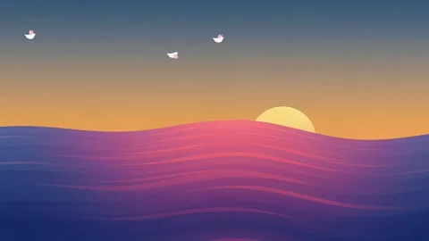 Sunset Waves: Ocean Animation with Floating Birds Stock Footage 305433790