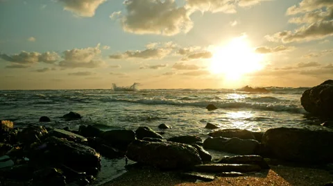 Sunset waves on the rocks Stock Footage 68850942