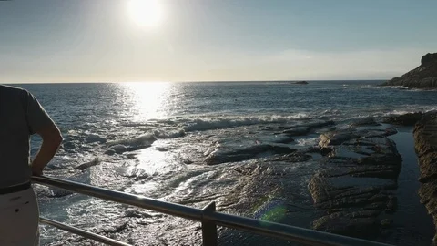 Sunset Waves At Rocky Seafront La Caleta Tenerife Spain Slow Motion Stock Footage 104396615