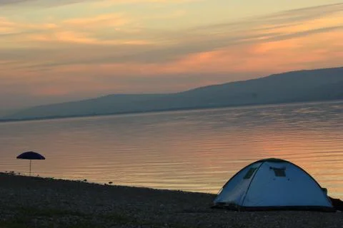 Sunset While Camping on The Sea Of Galilee, Israel Stock Photos