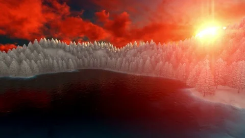 Sunset, white snow trees and lake in the mountains Stock Footage 81574778