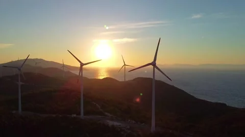 Sunset Wind Turbines on the Datça Peninsula, Turkey En Route to Knidos Stock Footage 318153651