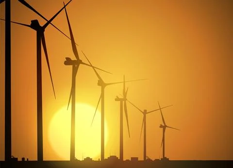 Sunset wind turbines. Vector illustration eco electricity. Stock Illustration