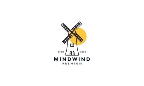 Sunset with windmill line outline logo icon design Illustrazione stock