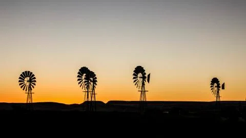 Sunset windmill quartet, Northern Cape, South Africa Stock Photos