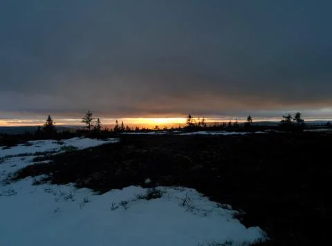 Sunset in the winter with clouds and trees Stock Photos