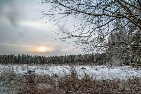 Sunset in winter field Stock Photos