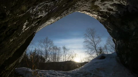Sunset in the winter forest cave Stock Footage 65011465