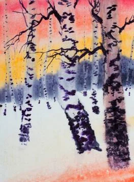 Sunset in the winter forest Stock Illustration