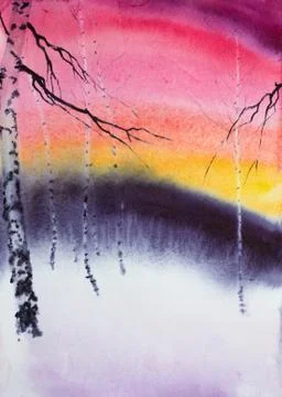 Sunset in the winter forest Stock Illustration