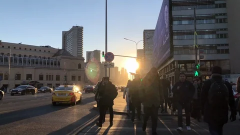 Sunset winter moscow traffic street crowded slow motion panorama 4k russia Stock Footage 98724853