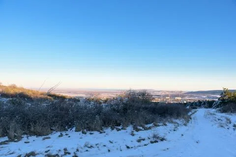 Sunset winter mountains, road Stock Photos