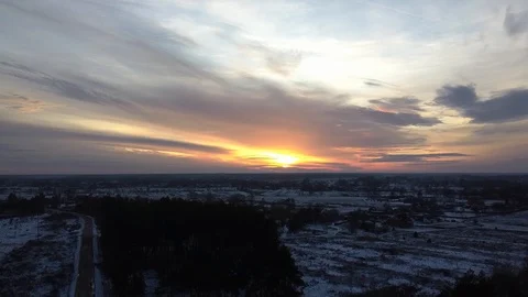 Sunset Winter snow forest aero Stock Footage 122238410