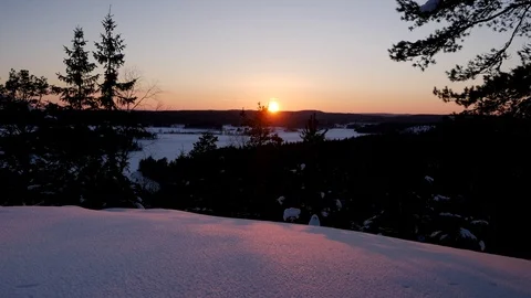 Sunset, winter, view from high ground. Stock Footage 86574771