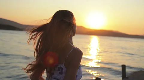 Sunset Woman Running Ocean Reflection Sun Summer Vacation Stock Footage