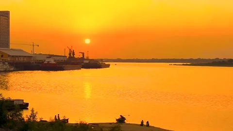 Sunset yellow in the river port Video stock 153245972