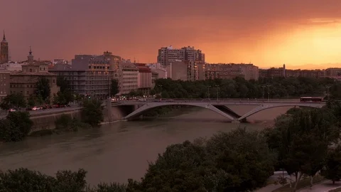 Sunset in Zaragoza, Aragon, Spain – medium Stock Footage 98519617