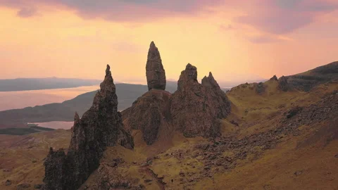 Sunset zoom out over Old Man of Storr Isle of Skye Scotland UK SCO 16 0291 A GR Stock Footage
