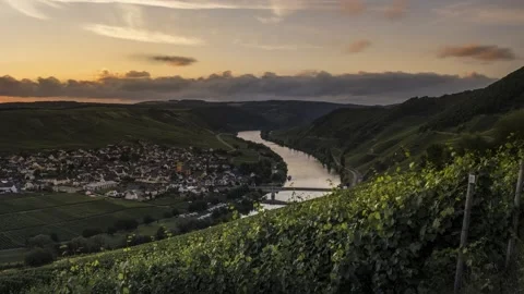 Sunset Zoom Timelapse of Mosel river Stock Footage 135445244