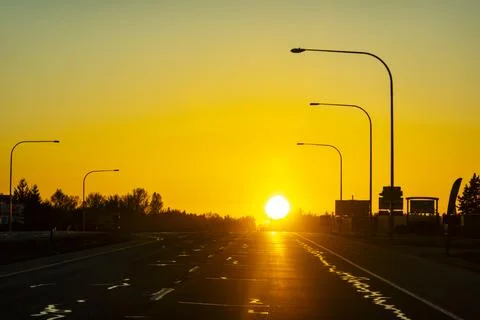 Sunset,United States,Sun setting over Highway 101 in Sequim, Washington Stock Photos