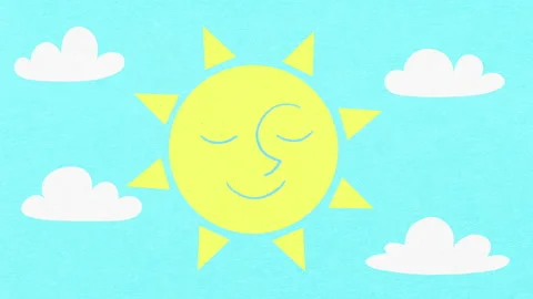 Sunshine and clouds in a blue sky, cheerful childlike animation Stock Footage 134419777