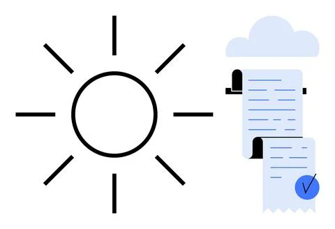 Sunshine icon next to cloud icon with rolled-up documents and check mark Stock Illustration