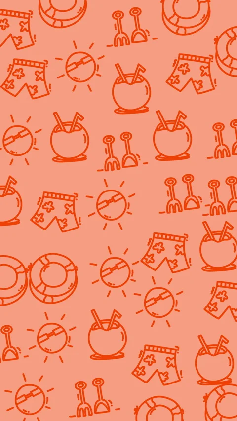 Sunshine, shorts, and beach items dance in a cheerful orange pattern Видео 336400411