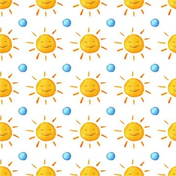 Sunshine watercolor pattern. Cute smiling sun. Hand painted illustration. I.. Stock-Illustration