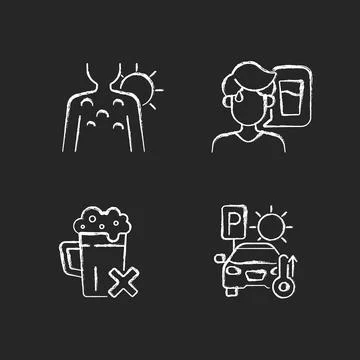 Sunstroke precaution chalk white icons set on dark background Stock Illustration