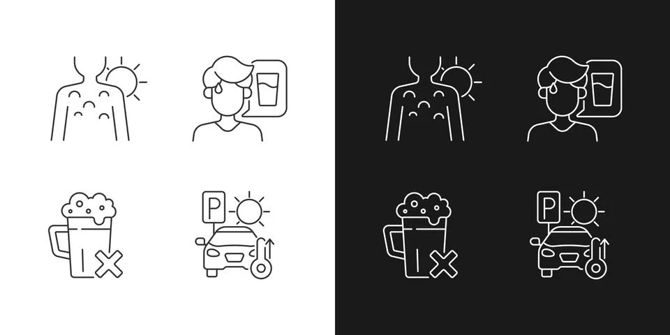 Sunstroke precaution linear icons set for dark and light mode Stock Illustration