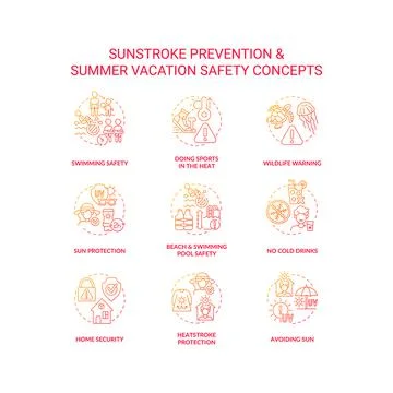 Sunstroke prevention concept icons set Stock Illustration