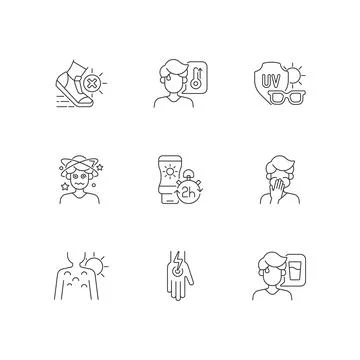 Sunstroke prevention linear icons set Stock Illustration