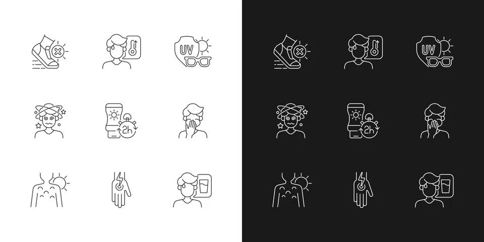 Sunstroke prevention linear icons set for dark and light mode Stock Illustration