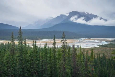 Sunwapta river bed on a very cloudy day in Canadian Rockies. Cold harsh weather Stock Photos