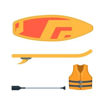 SUP accessory icon set with inflatable board, paddle, and life jacket Stock Illustration