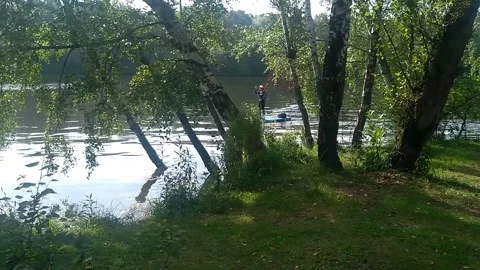On the SUP-board among the birches 스톡 동영상 144008655