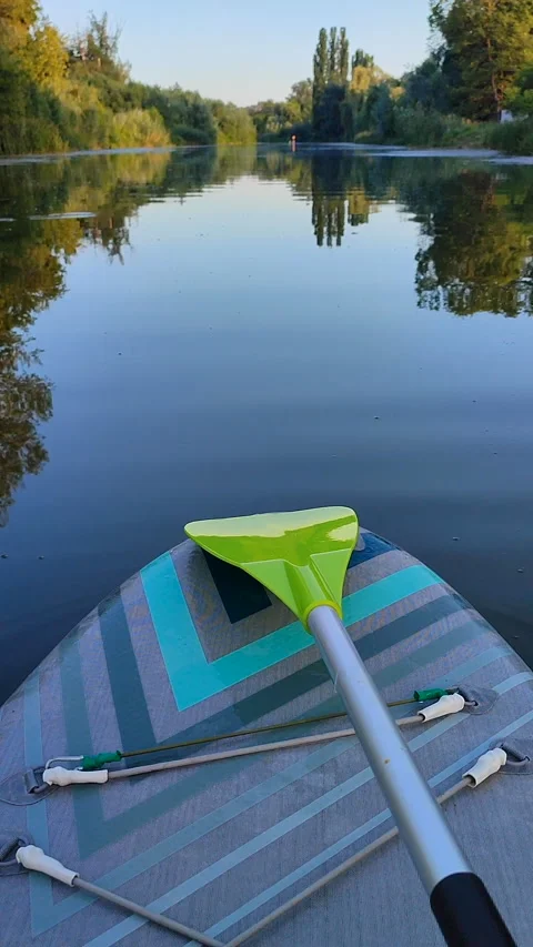 SUP board with green paddle on surface of river water with green trees Vertical Stock Footage 287711268