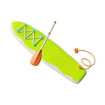 SUP board with paddle 3D plastic cartoon vector icon, realistic surfing board Illustrazione stock